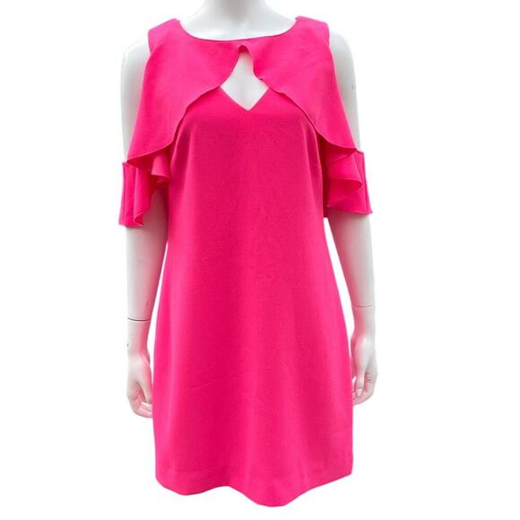 Trina Turk Pink Cold Shoulder Ruffle Shift dress Womens size 8 - Picture 2 of 13